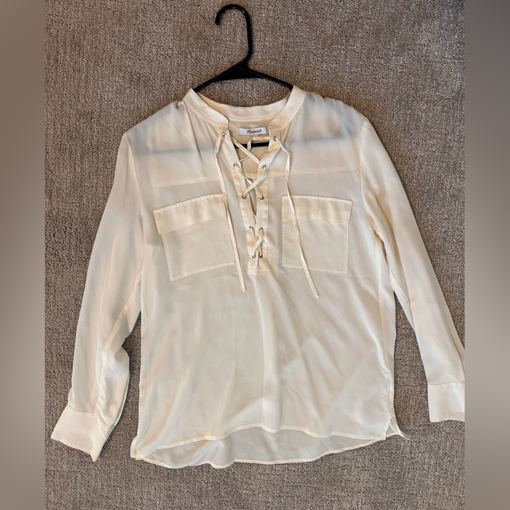 Madewell Silk Chiffon Lace Up Long Sleeve Pocket Tee Shirt Blouse size Small